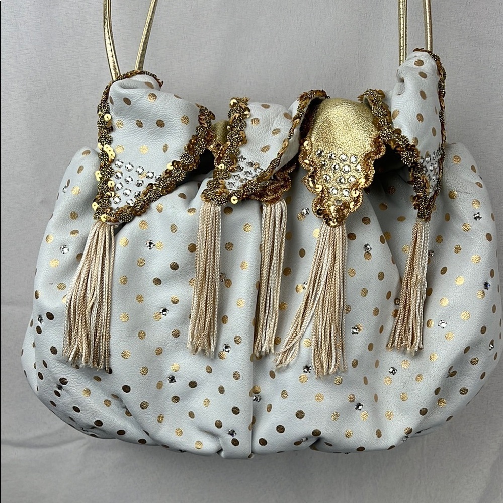 Rita Diana For Mylinka Vintage polka dot white gold cinch purse with crystals